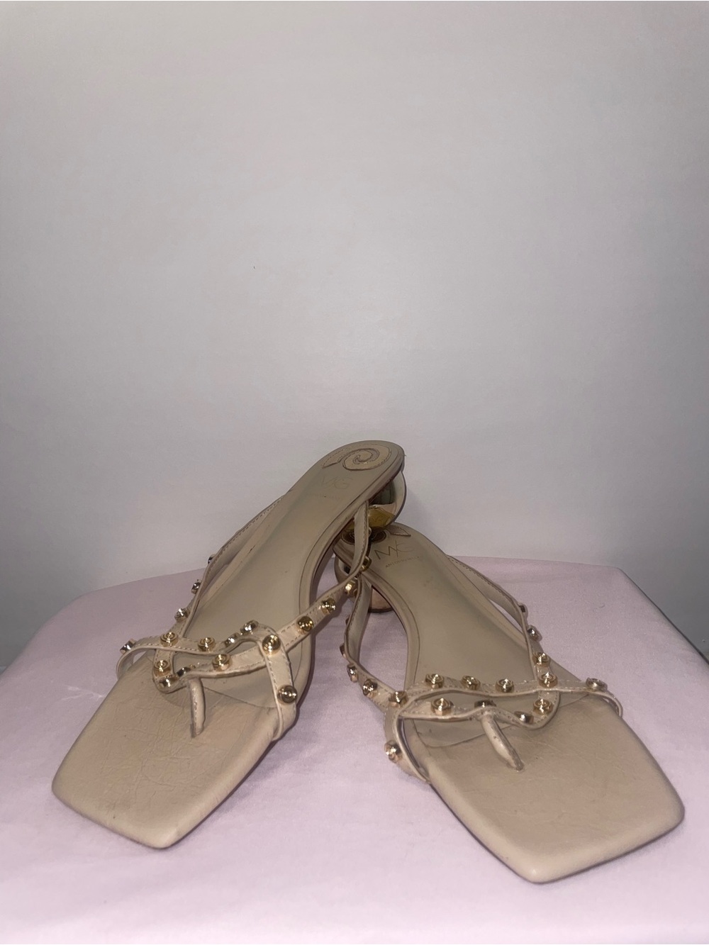 Studded Beige Women's Square-Toe kitten heels